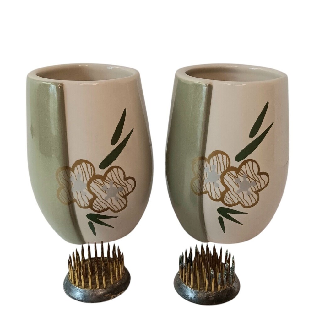 Vintage Miniature Flower Vase With Metal Flower Frog Green Cream Gold Set Of Two